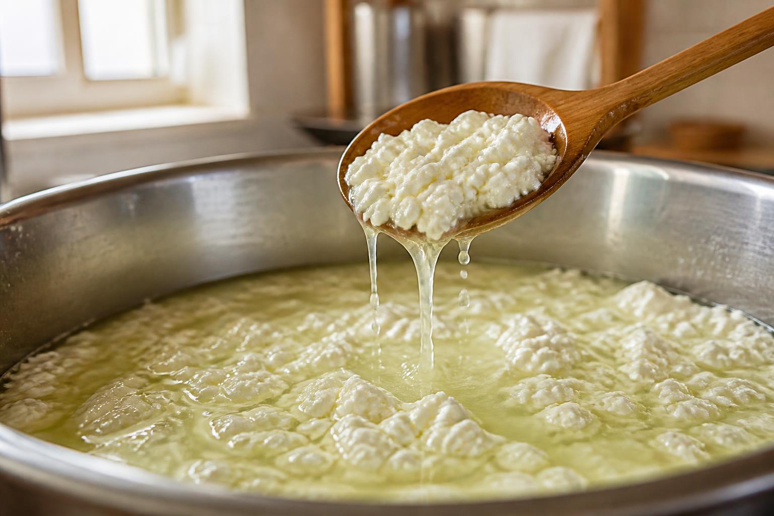 Caille de fromage et petit-lait jaune-vert dans une cuve, origine de la whey