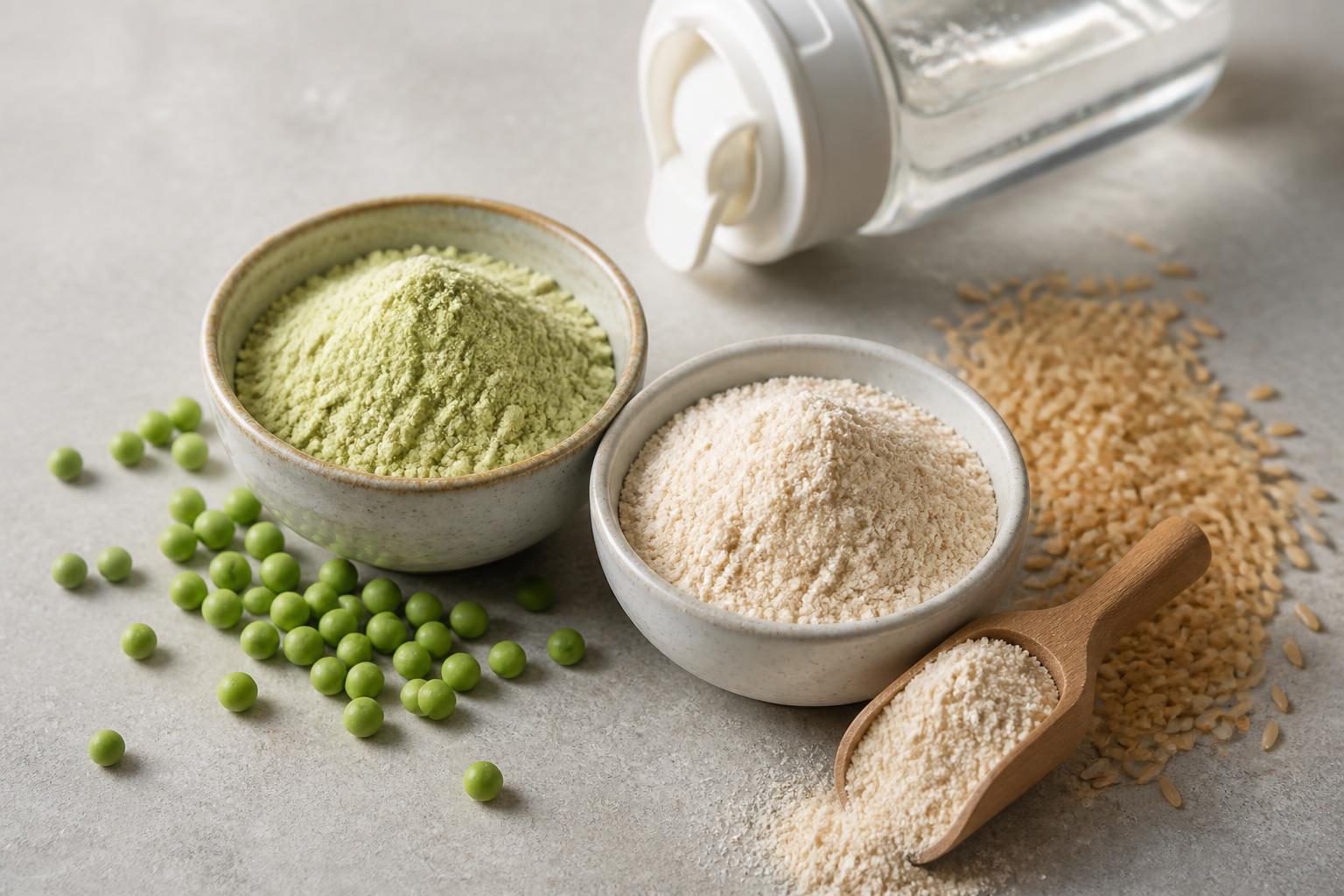 Bols de proteine de pois verte et de proteine de riz beige, pois et grains de riz