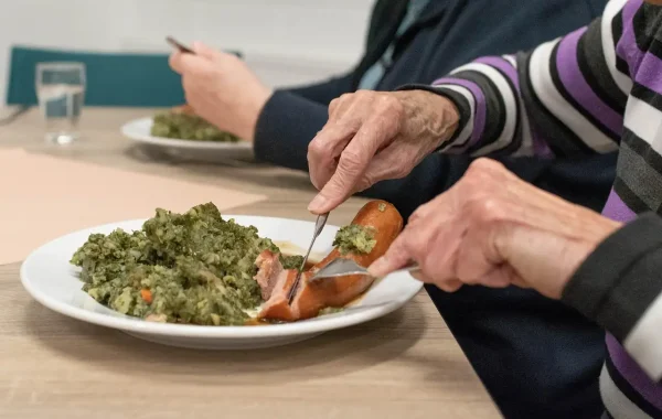 Mains d'une personne âgée coupant une saucisse dans une assiette de chou vert, à table