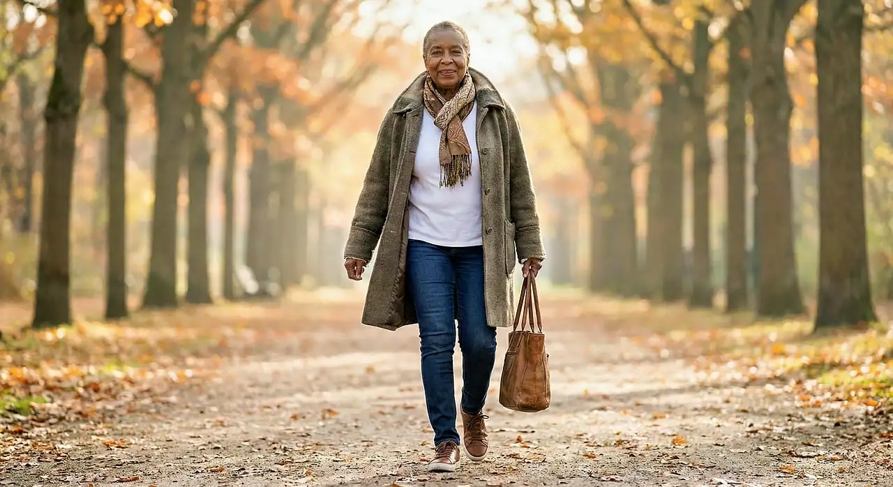 Femme âgée souriante marchant dans une allée d'arbres couverte de feuilles mortes