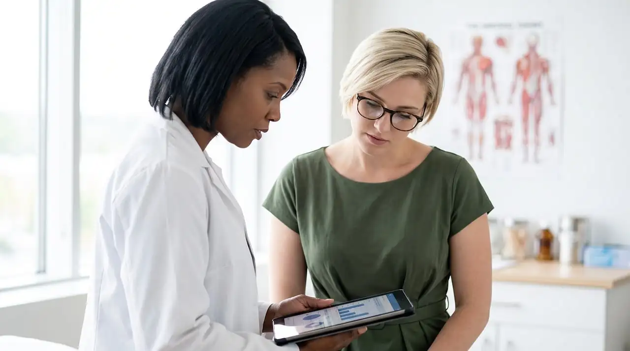 Médecin en blouse blanche et patiente qui regardent ensemble un résultat sur une tablette