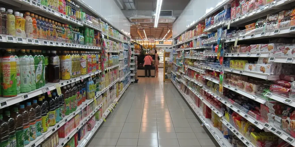 Allée de supermarché bordée de bouteilles de boissons et de paquets de biscuits sur plusieurs étagères