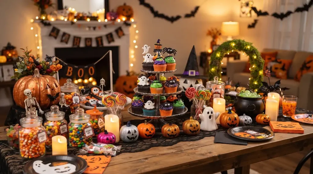 Table d'Halloween garnie de bocaux de bonbons, de cupcakes décorés et de citrouilles lumineuses