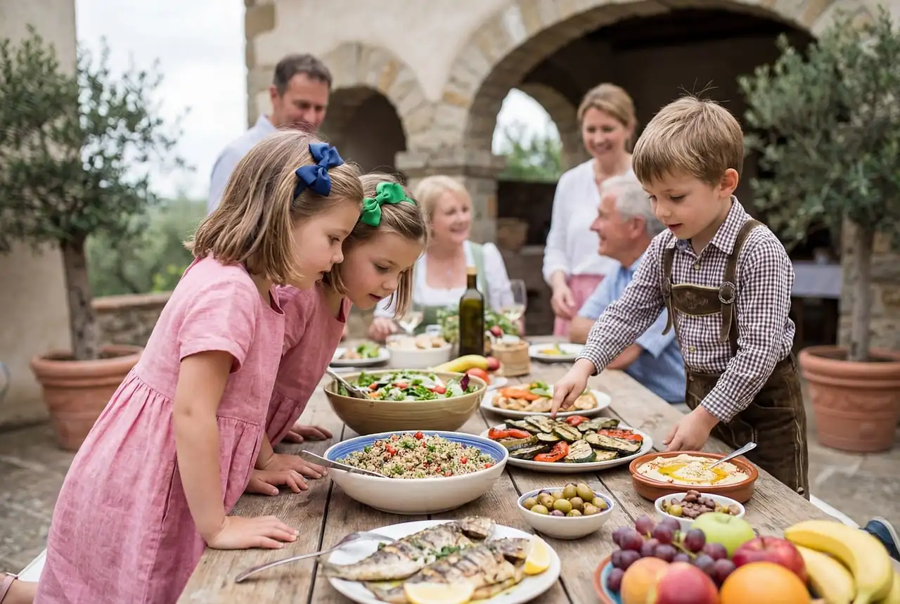 Famille réunie autour d'une table en plein air garnie de salades, légumes grillés, poisson et fruits