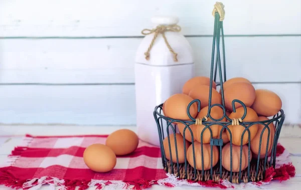 Panier en métal rempli d'œufs bruns posé sur un torchon à carreaux rouges, à côté d'une bouteille de lait