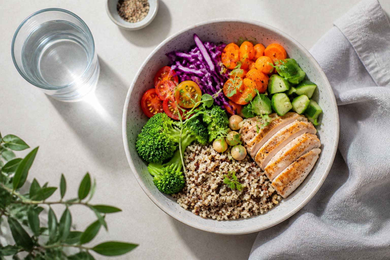 Assiette équilibrée avec légumes, céréales complètes et protéines maigres