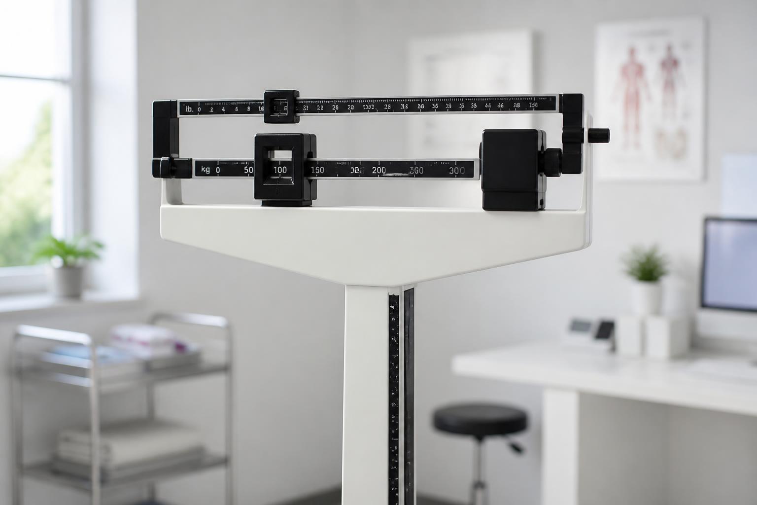 Balance médicale à fléau dans un cabinet, illustrant l'usage clinique de la formule de Devine