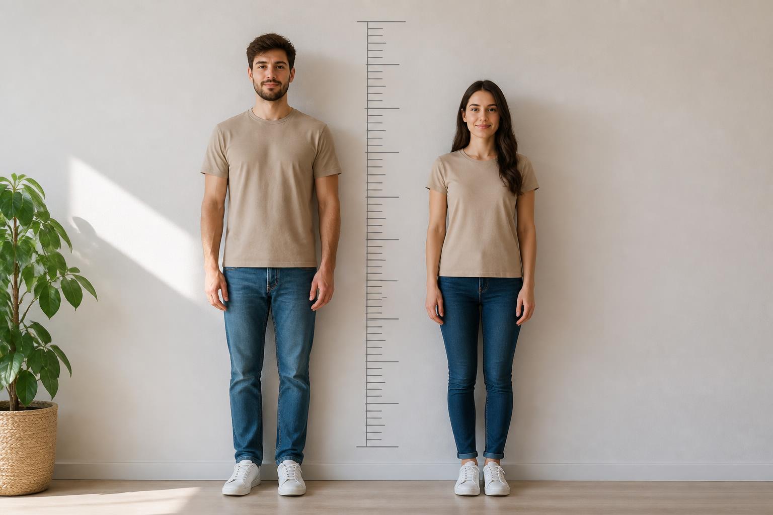 Un homme et une femme mesurés contre une toise murale pour la formule de Lorentz